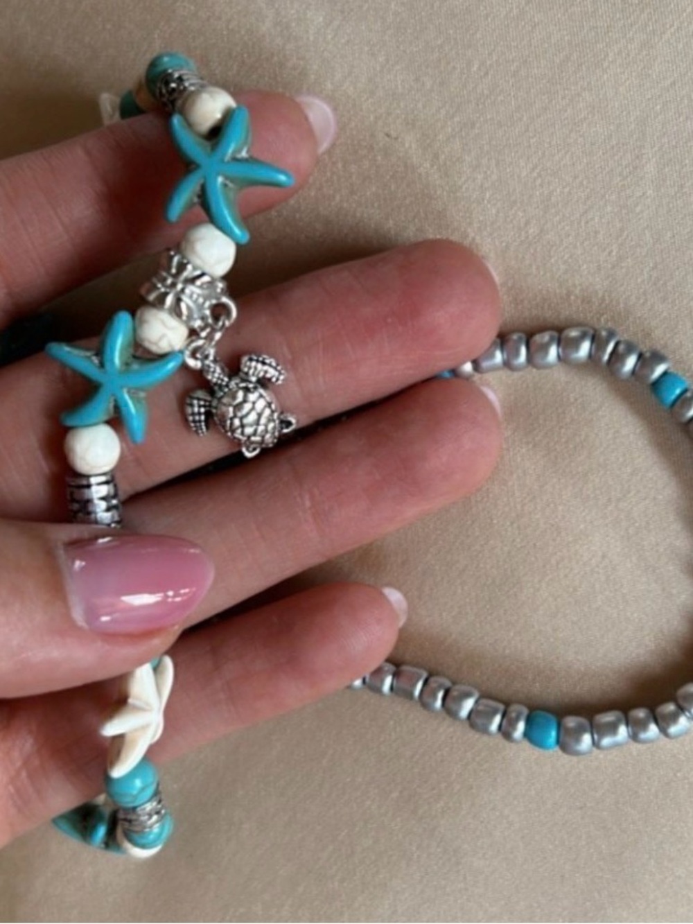 Astrid Turquoise & Silver Sea Turtle & Sea Star Beaded Anklet New